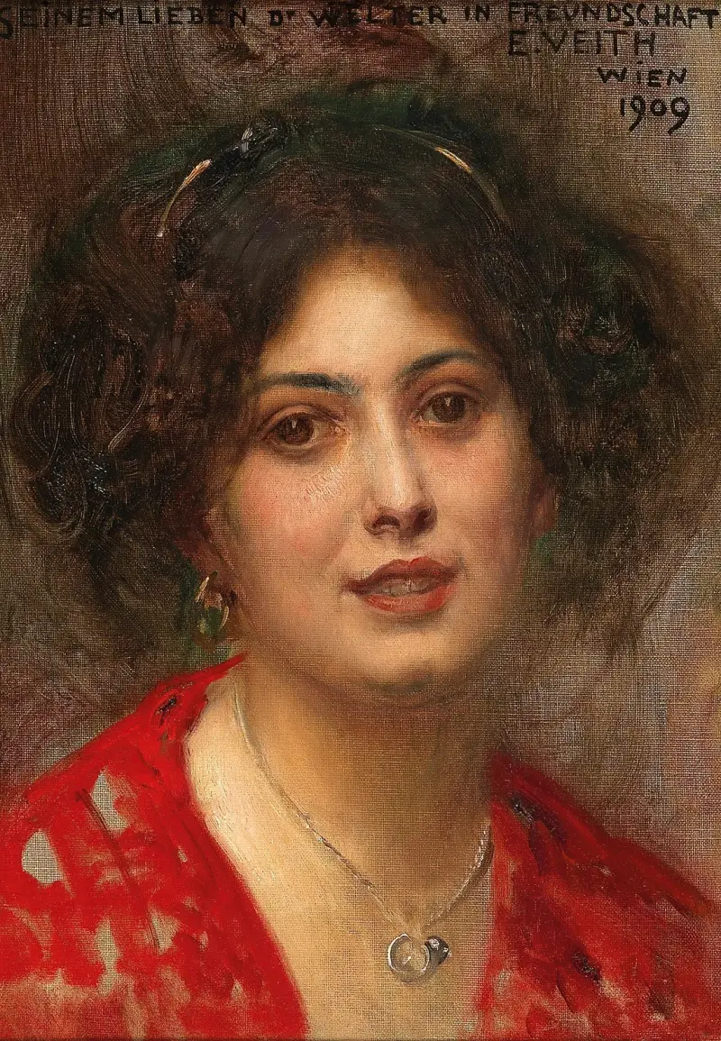 Porträtt av en ung kvinna i röd klänning av Eduard Veith