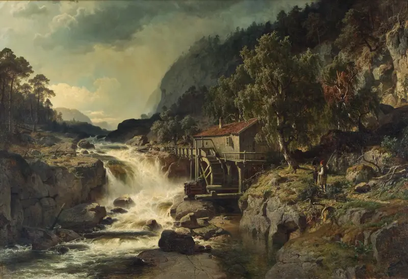 Klipplandskap med vattenfall och vattenkvarn, Småland av Edvard Bergh