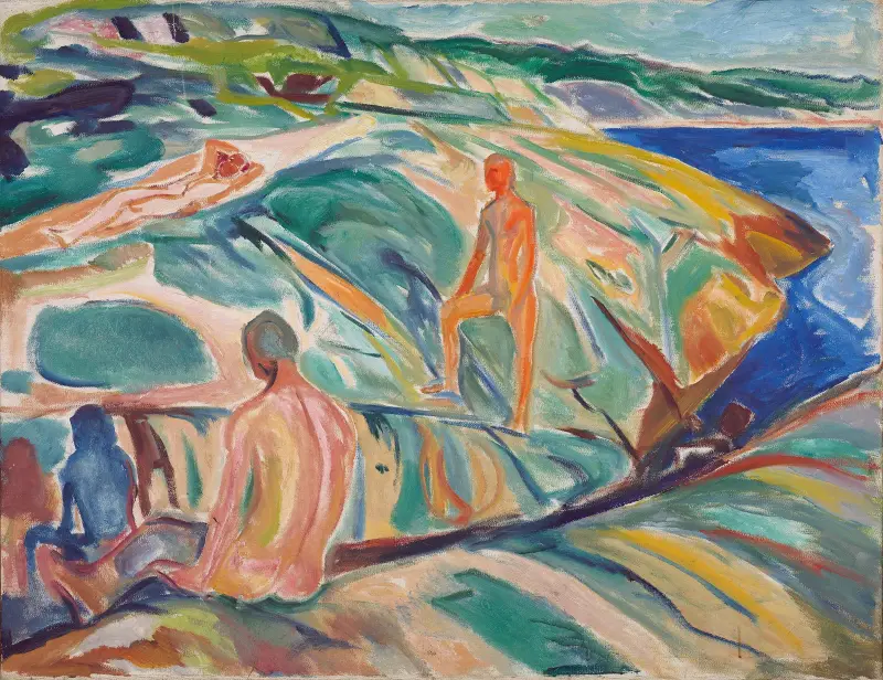 Badende Männer auf Felsen von Edvard Munch