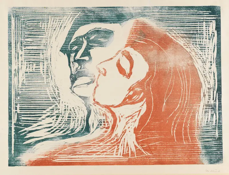 Haupt an Haupt (Mann und Frau, die sich küssen) von Edvard Munch