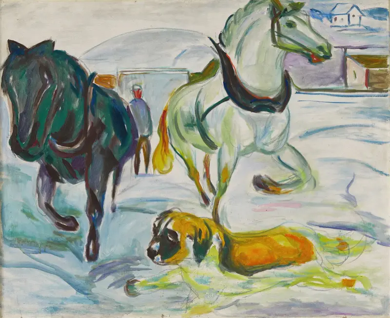 Horse Team and a St. Bernhard in the Snow av Edvard Munch