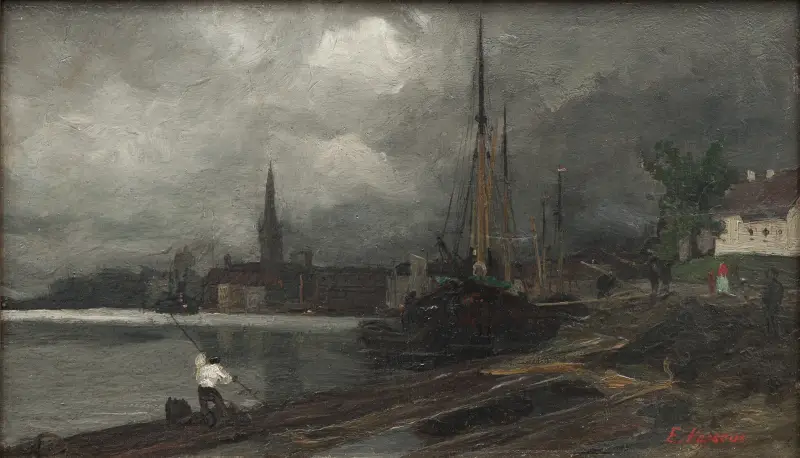 Widok miasta z portem. Studium, Edvard Perséus