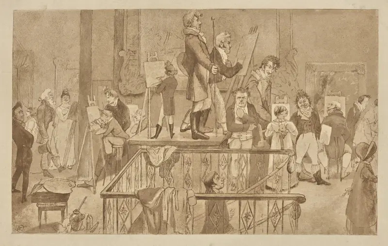 Artists painting in an exhibition of paintings at the British Institution av Alfred Edward Chalon
