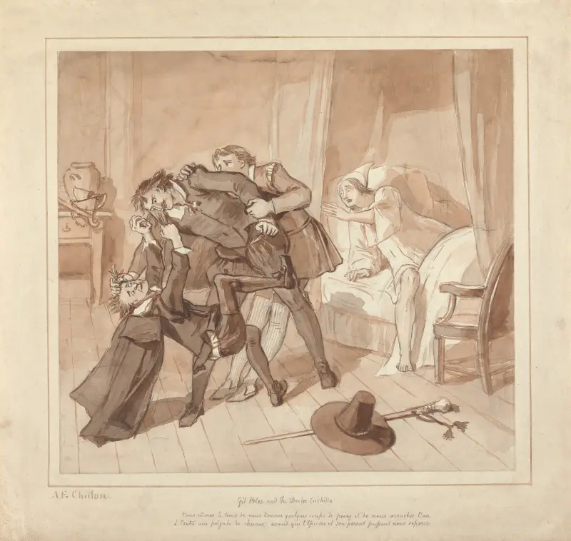 Gil Blas, While Practising Medicine under Dr. Sangrado, Encounters Dr. Cuchillo at the Bedside of the Grocer av Alfred Edward Chalon