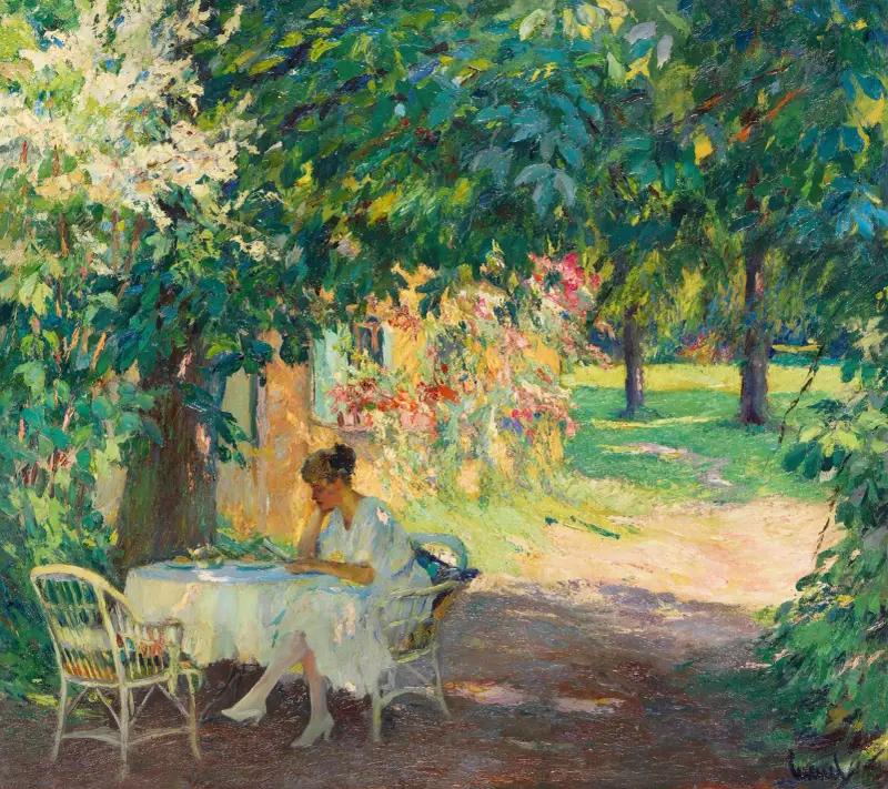 Summer in the garden of the artist’s villa on Lake Starnberg av Edward Cucuel