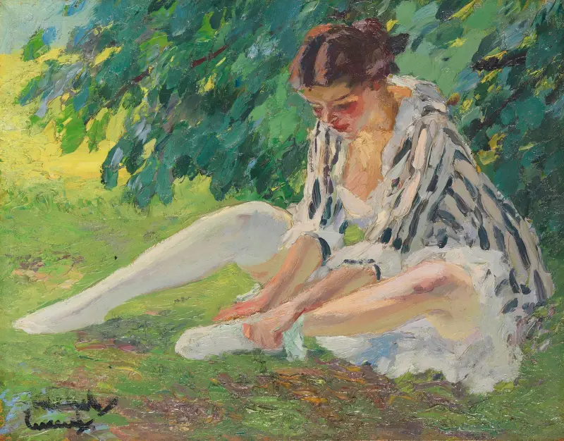 Svlékání (sedící v trávě), Edward Cucuel