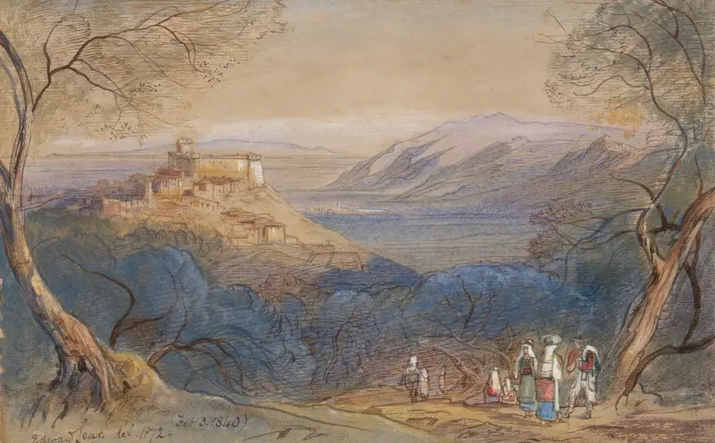 Widok na Castello Caetani i miasteczko Sermoneta, Lacjum, Włochy, Edward Lear