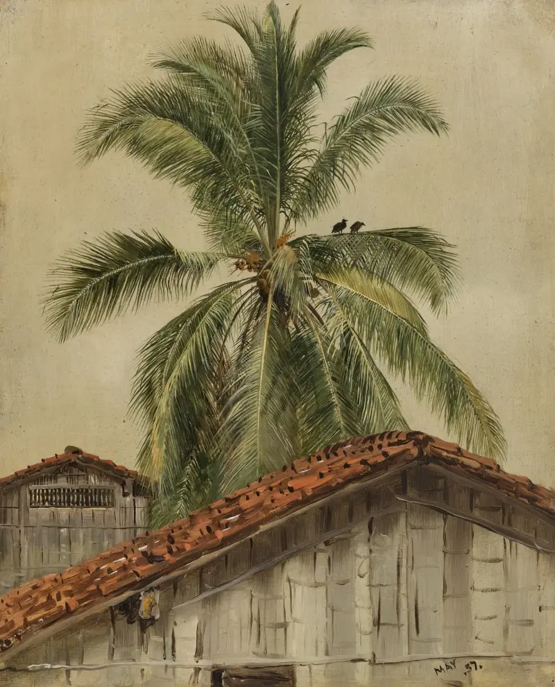 Palmträd och hustak, Ecuador av Frederic Edwin Church