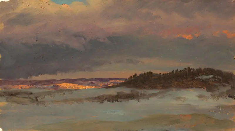 Winterlandschaft mit blauem Hügel bei Sonnenuntergang, Hudson, New York von Frederic Edwin Church