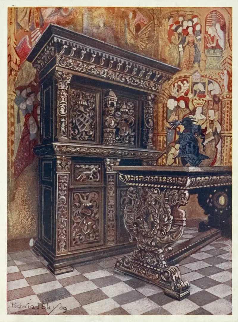 Carved oak armoire, Carved oak table av Edwin Foley