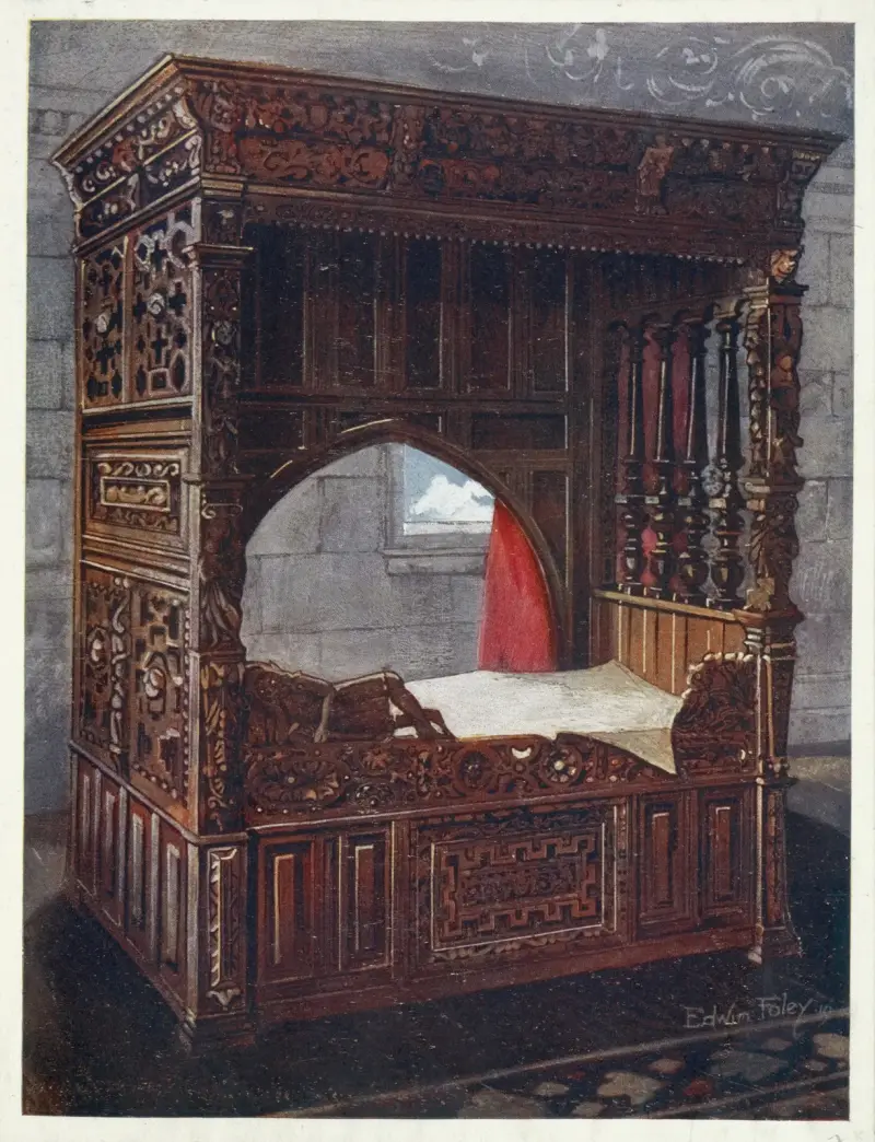 Carved oak bedstead of Jeanne D’Albret, dated 1562 av Edwin Foley