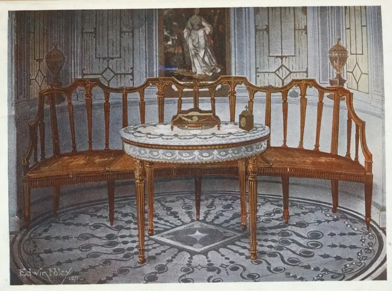 Carved satinwood barback settee, Painted and gilt table av Edwin Foley