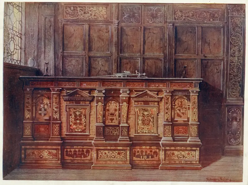 Eingelegte Urkundentruhe. Geschenk von Sir Hugh Offley, als er 1556 Lord Mayor von London war, an St. Mary Overie, heute St. Saviour’s, Southwark Cathedral von Edwin Foley