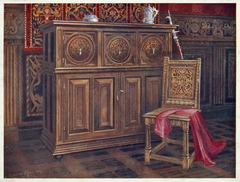 Ekskåp med runda konvexa paneler, valnötsstol (chaise sans bras) med genombruten blomsterdekor på ryggen av Edwin Foley