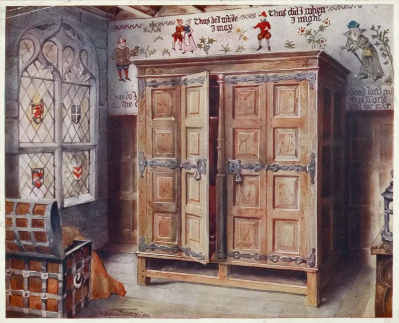 Oak press, Strangers’ Hall, Norwich. Wall fresco painting, West Stowe, ca. 1550. av Edwin Foley