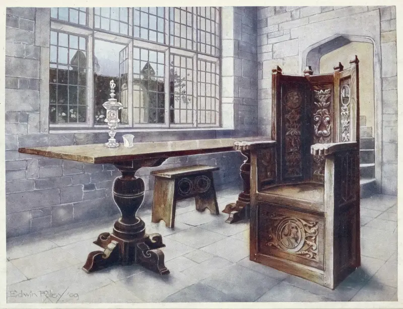 Dębowy stół na kozłach, krzesło „Mine host’s”, Edwin Foley