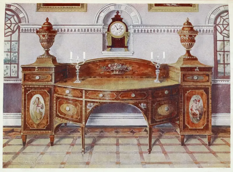 Painted and inlaid satinwood sideboard, Mahogany bracket clock av Edwin Foley