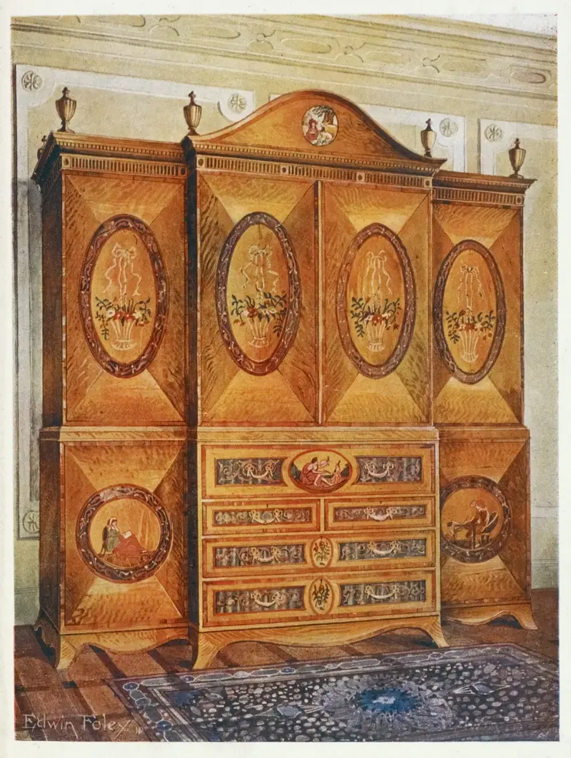 Satinwood wardrobe, inlaid with tulipwood, harewood, holly, ebony, mahogany, and other woods av Edwin Foley