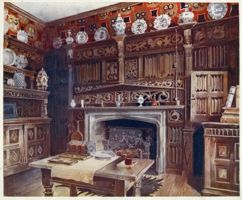 The panelled study at Groombridge Place, Kent. By permission of the Misses Saint. av Edwin Foley