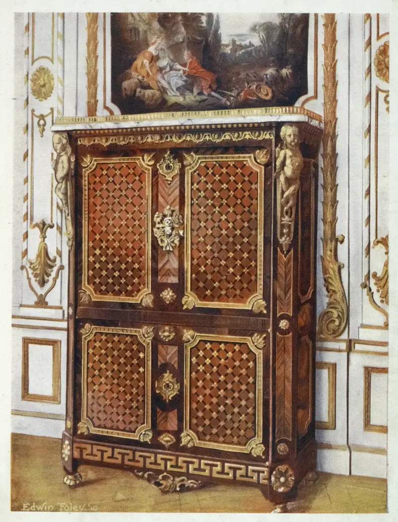 Upright secrétaire in parqueterie of various woods, with ormolu-mounted rosettes, etc av Edwin Foley