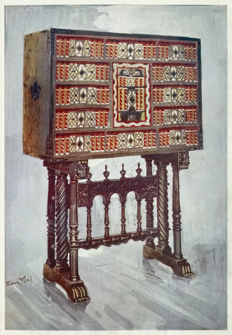 Vargueno cabinet of chestnut, ivory, etc., painted and gilt with wrought-iron and steel mounts av Edwin Foley