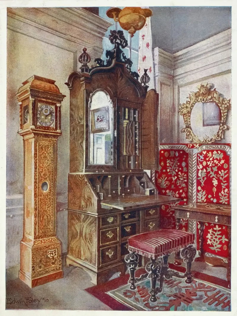 Walnut cabinet-top scrutoire, Inlaid sycamore (‘yellow’) clock, Carved tabouret av Edwin Foley