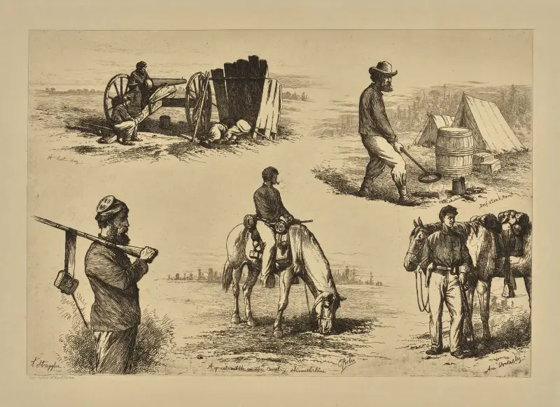 A hot day. Beef steak rare. A straggler. A quiet nibble on the cavalry skirmish. A cavalry orderly waiting orders. av Edwin Forbes