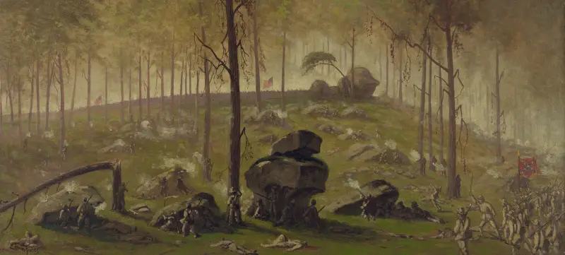 Attack of Johnston’s Div., C.S.A. on the breastworks on Culps Hill defended by Wadsworth’s Div av Edwin Forbes