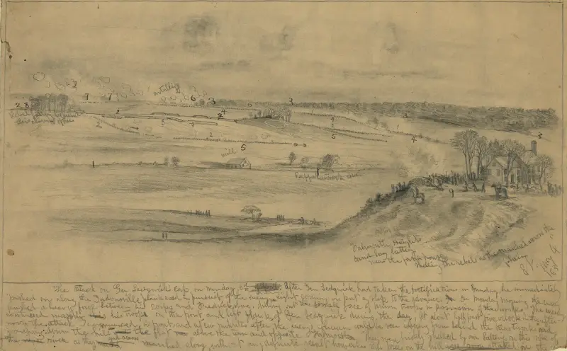 Angriff auf General Sedgwicks Korps. Banks Ford bei Chancellorsville, von der Nordbank des Rappahannock River aus gesehen von Edwin Forbes