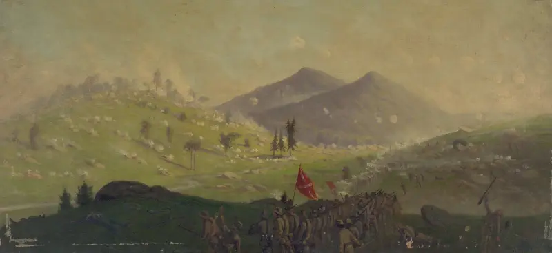 Attacken vid Little Round Top försvarad av 5:e kåren under general Sykes av Edwin Forbes