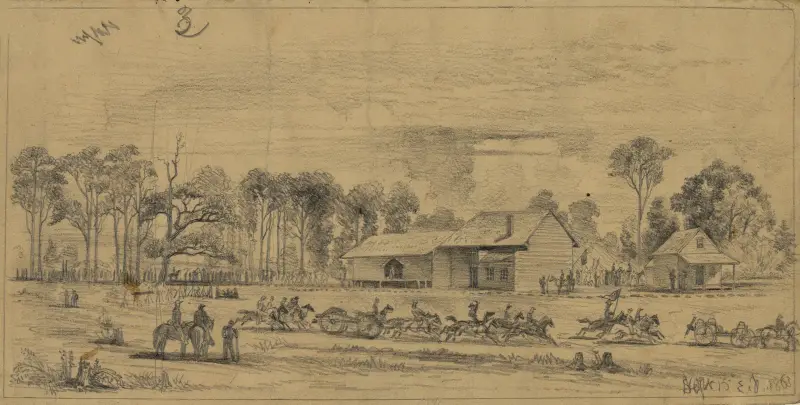 Brandy Station, on the Orange and Alexandria R.R. Light artillery going to the front av Edwin Forbes