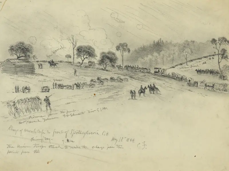 Hancocks kårs anfall framför Spottsylvania Court House av Edwin Forbes