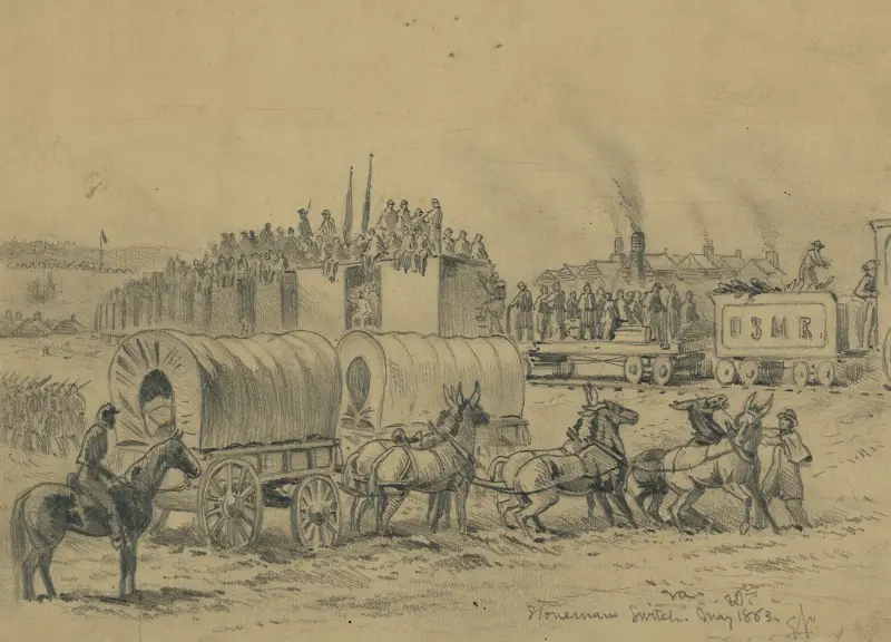 Avgång av tvåårsmän från Army of the Potomac. En scen nära Falmouth av Edwin Forbes