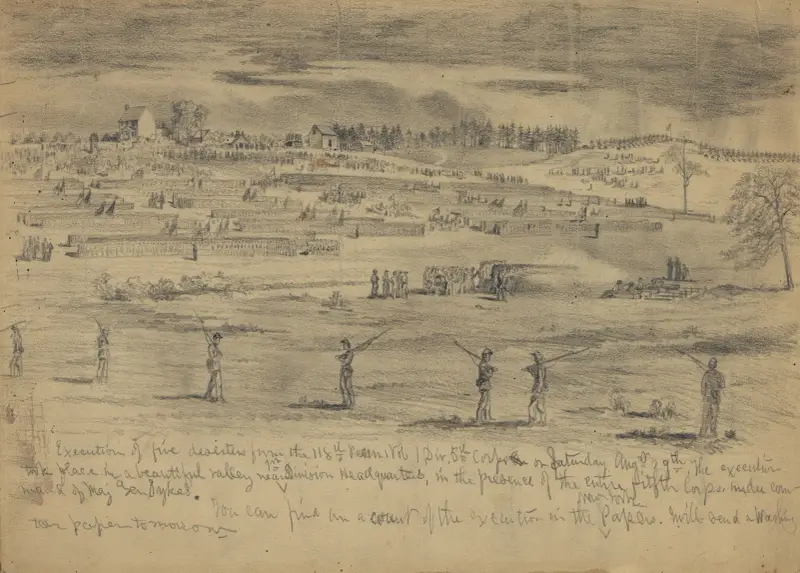 Avrättningen av fem desertörer från 118th Pennsylvania Volunteers, 1st Division, 5th Corps, inför hela 5th Corps, Beverly Ford, Va. av Edwin Forbes