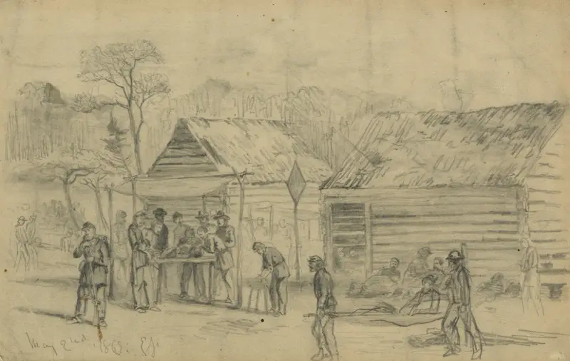 Feldlazarett (zweites Korps) auf dem Schlachtfeld von Chancellorsville von Edwin Forbes