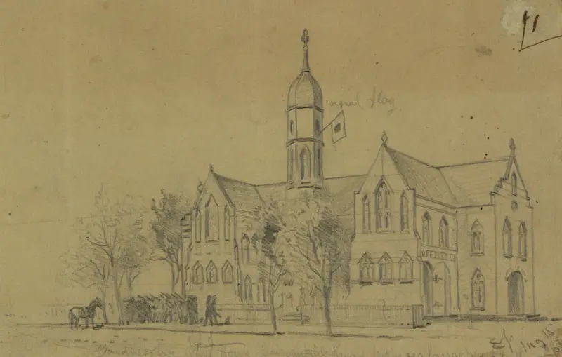 Fredericksburg Court House now occupied by our troops as a barracks and by the signal corps av Edwin Forbes