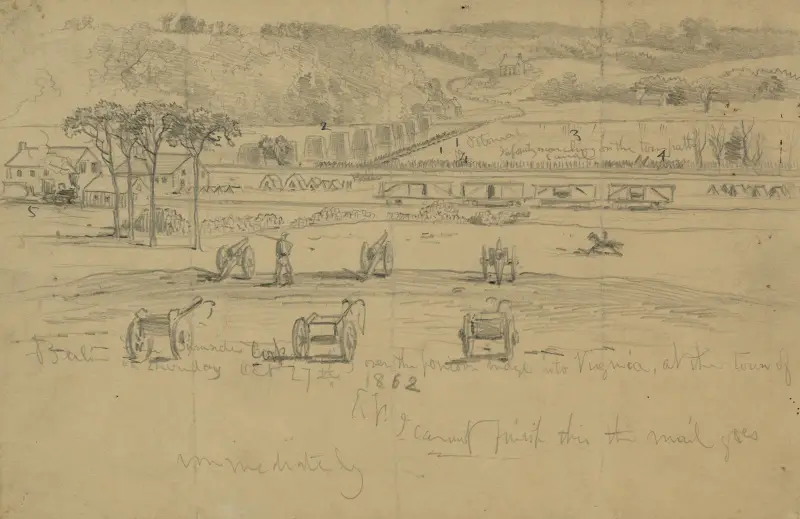 General Burnsides Korps marschiert über die Pontonbrücke nach Virginia, bei der Stadt Berlin am Donnerstag, 27. Oktober 1862 von Edwin Forbes