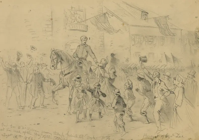 Genl. Geo. B. McClellan passing through Frederick City Myd. at the head of the Army of the Potomac. Pursuit of Genl. Lee av Edwin Forbes