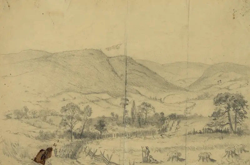 General N.P. Banks kår marscherar över Blue Ridge Mountains genom Chester Gap av Edwin Forbes