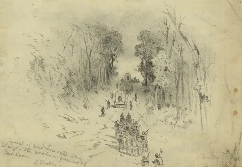 General Fremonts Armee marschiert durch die Wälder auf der Jagd nach Jackson von Edwin Forbes