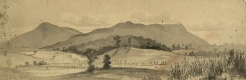 Massanutten Mountain, nära Strasburg, Virginia, mot sydväst av Edwin Forbes