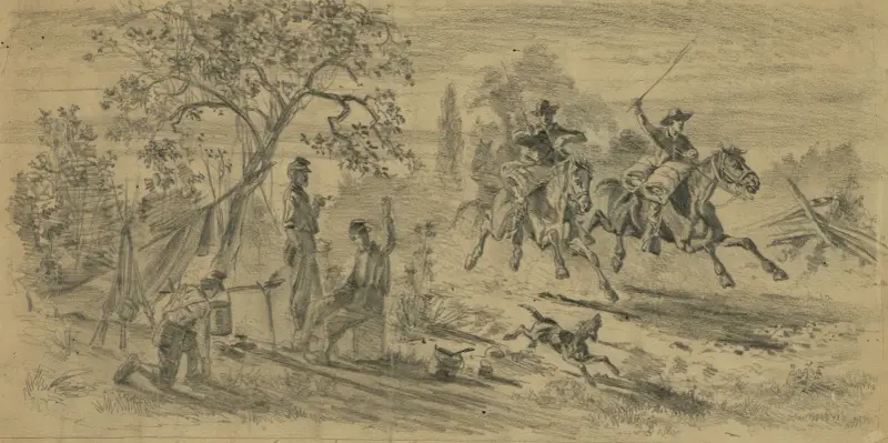 Newsboys passing the picket post on way to camp av Edwin Forbes