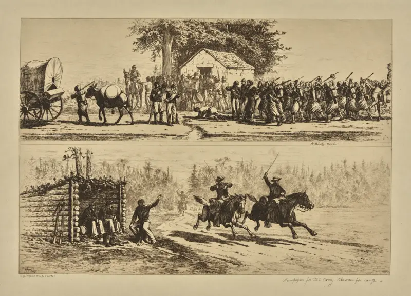 Newspapers for the Army. The race for camp. av Edwin Forbes