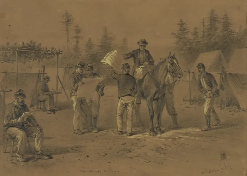 Zeitungen im Lager, 1861 von Edwin Forbes