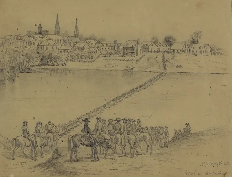 Occupation of Fredericksburg. General McDowell’s corps crossing the Rappahannock River on pontoon bridge… av Edwin Forbes