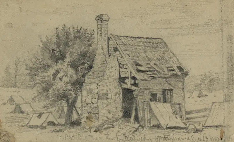 Gammalt hus på slagfältet vid Spottsylvania av Edwin Forbes