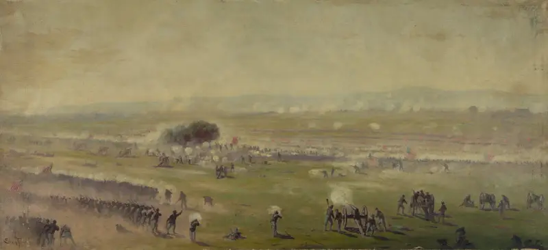 Picketts charge from a position on the enemys line looking toward the Union lines, Zieglers grove on the left, clump of trees on right av Edwin Forbes