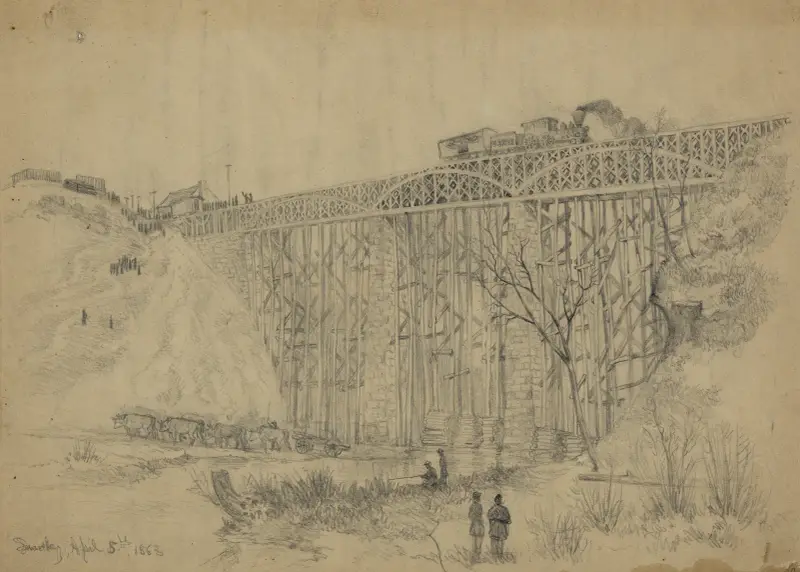 Järnvägståg med president Lincoln som korsar Potomac Creek-bron på väg till granskning av Potomac-armén av Edwin Forbes