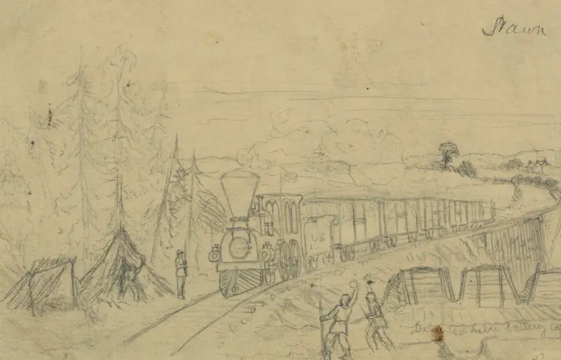 Järnvägståg på Potomac Creek-bron av Edwin Forbes