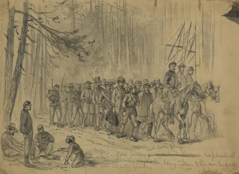 Rebel prisoners and battle flags captured at Chancellorsville, being taken to the rear by cavalry and infantry guards av Edwin Forbes